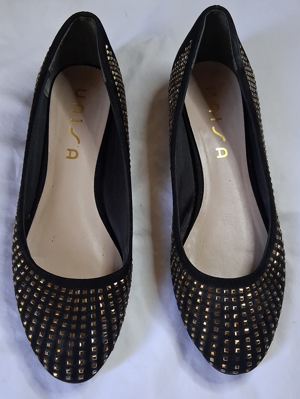Unisa Black Flats with Gold Stud Detailing